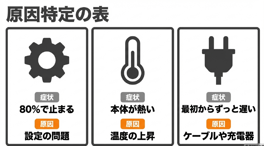 80%で止まる、本体が熱い、ずっと遅いといった症状と、それぞれの原因（設定、温度、ケーブル）をまとめた表