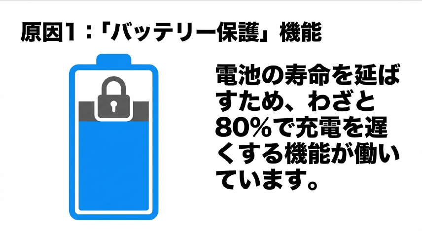 電池の寿命を延ばすためにわざと80%で充電を遅くするバッテリー保護機能を解説する画像