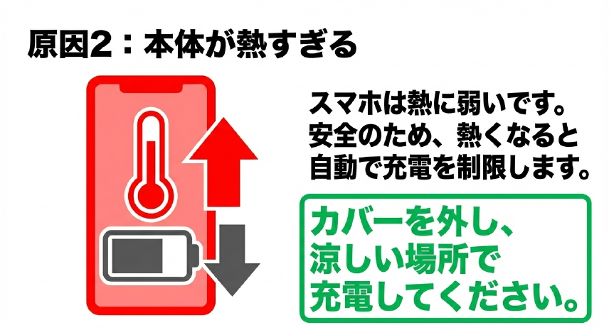 スマホが熱くなると自動で充電を制限するため、カバーを外し涼しい場所で充電することを促す画像
