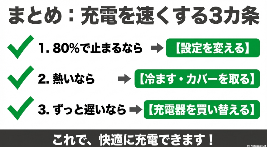 充電を速くするための3カ条（設定を変える、冷ます・カバーを取る、充電器を買い替える）のまとめ画像