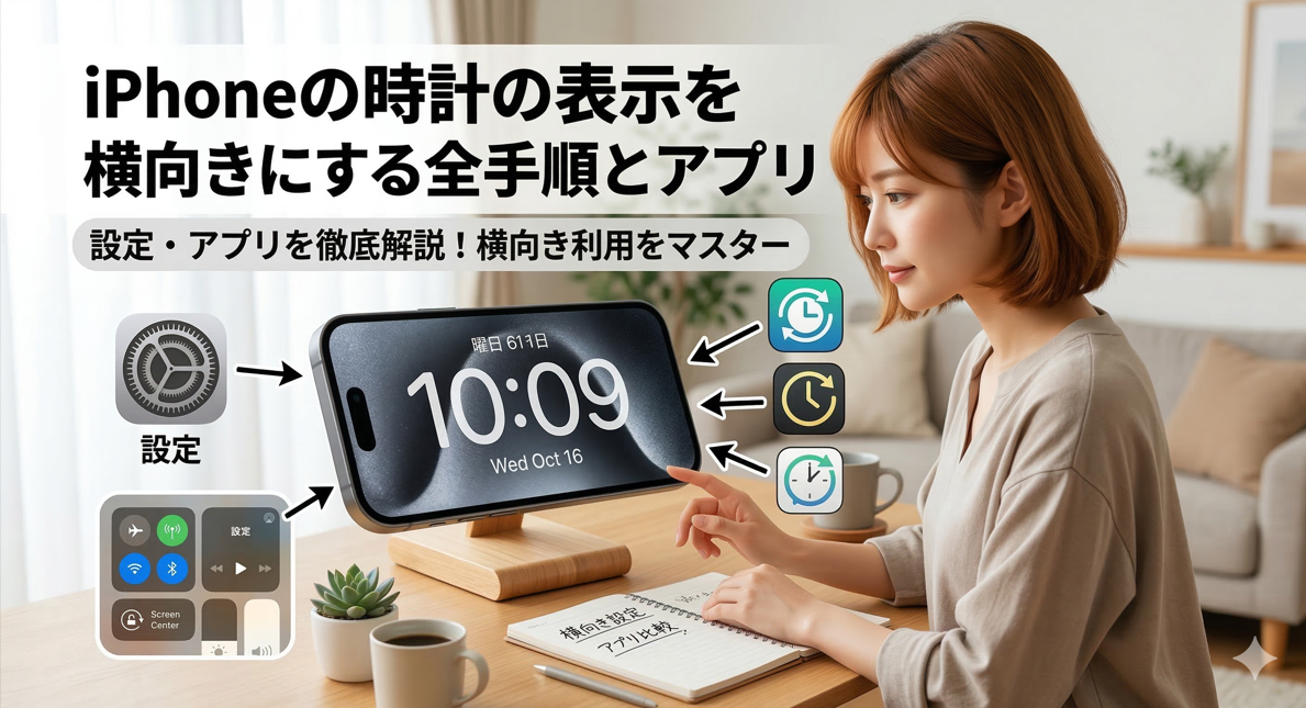 iPhoneの時計を横向き表示にする設定手順と、おすすめの時計アプリを解説するアイキャッチ画像。卓上に置かれた横向きのiPhoneと設定アイコンが描かれています。
