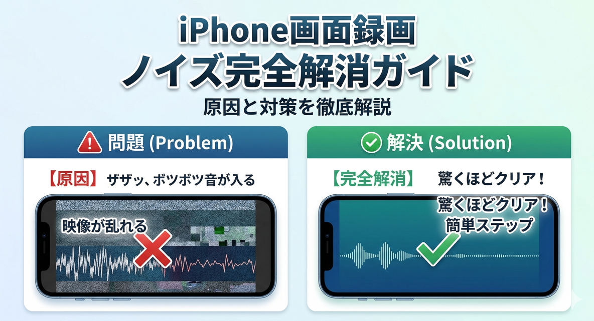 iPhone画面録画のノイズ原因と解決策を解説するアイキャッチ画像。左側に「問題」としてのノイズ画面、右側に「解決」としてのクリアな画面を比較。タイトルは『iPhone画面録画 ノイズ完全解消ガイド』。
