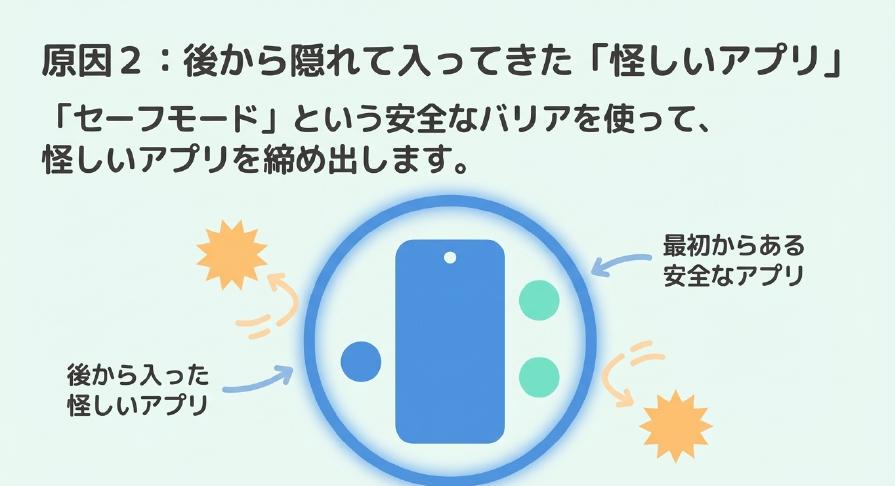 セーフモードという安全なバリアを使って、後から隠れて入ってきた怪しいアプリを締め出す概念図