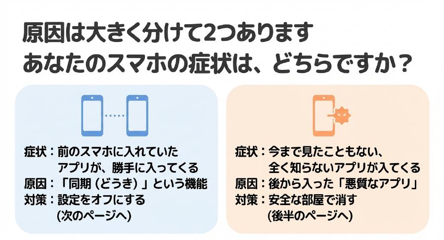 前のスマホのアプリが勝手に入る同期機能と、全く知らないアプリが入ってくる後から入った悪質なアプリの2つの症状と原因を比較したスライド