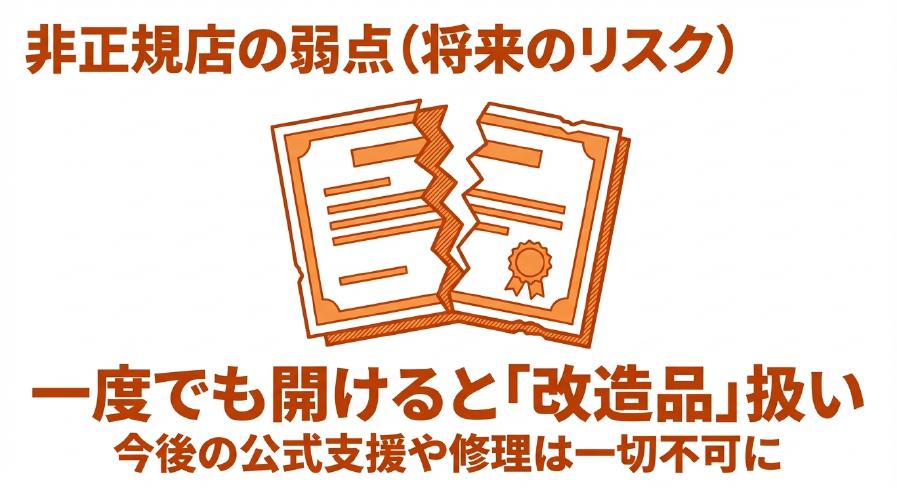 非正規店の弱点は改造品扱いになり今後の公式サポートが受けられなくなるリスク