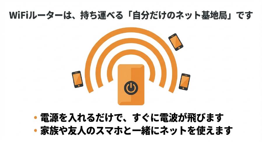 WiFiルーターは持ち運べる自分だけの基地局であり、家族や友人のスマホと一緒に繋げることを説明するスライド