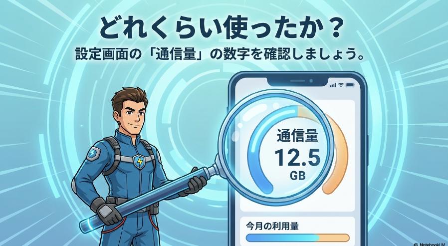 iPhoneの設定画面を開き、Wi-Fiアシスト機能がこれまでに消費したデータ通信量を確認しているイメージ