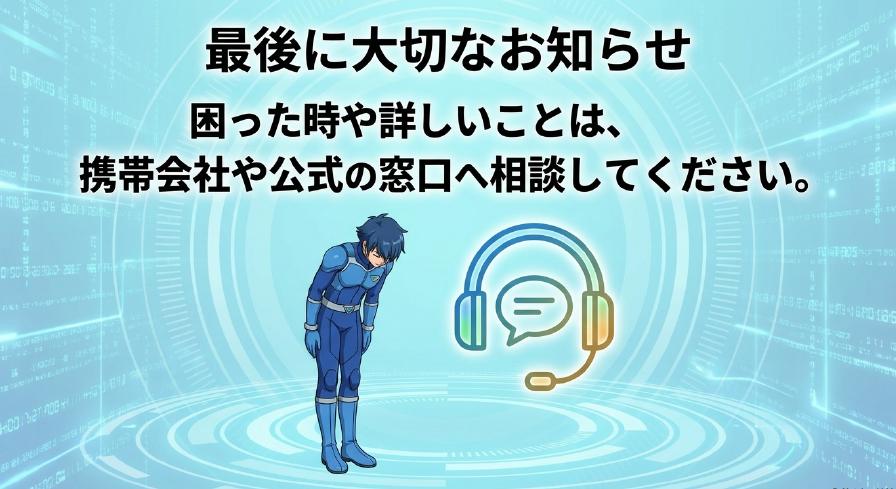 トラブル発生時や詳しい設定については携帯会社や公式のサポート窓口へ相談するよう促すお知らせ