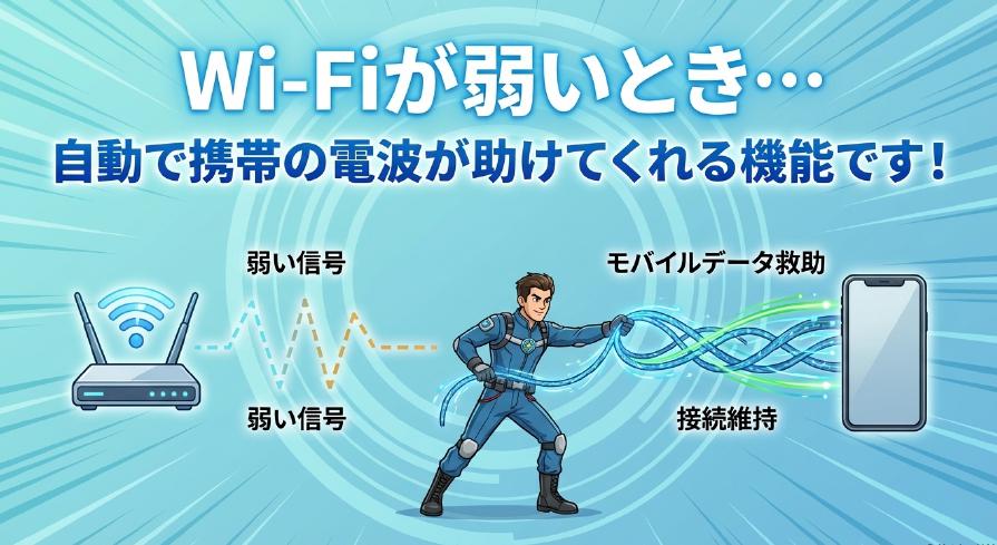 Wi-Fiの電波が弱い時に自動でモバイル回線が通信を補助してくれるWi-Fiアシストの仕組みのイメージ