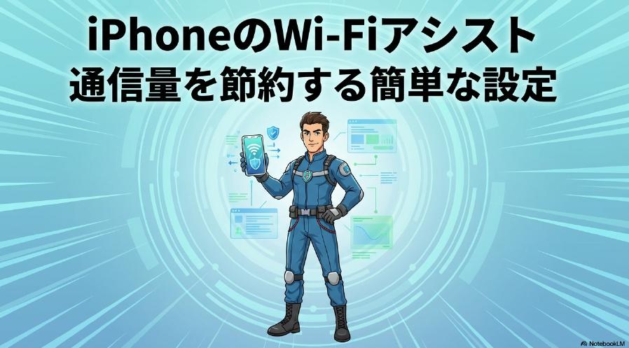 iPhoneのWi-Fiアシスト機能を活用してデータ通信量を節約するための簡単な設定を解説するタイトルスライド