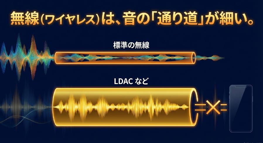 標準の無線とLDACの転送帯域幅を太いパイプと細いパイプで視覚的に比較した図。LDACはiPhoneでブロックされている様子を表示