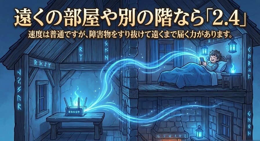 遠くの部屋や別の階なら2.4GHz。速度は普通だが障害物をすり抜けて遠くまで届く力があると説明するスライド