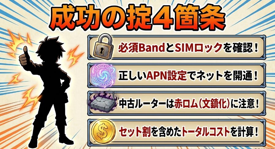 成功の掟4箇条。必須BandとSIMロック確認、APN設定、中古ルーターの赤ロム注意、セット割を含めたトータルコスト計算のまとめ
