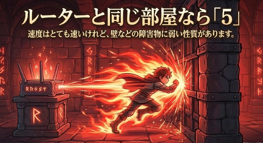 ルーターと同じ部屋なら5GHz。速度はとても速いが障害物に弱い性質があると説明するスライド