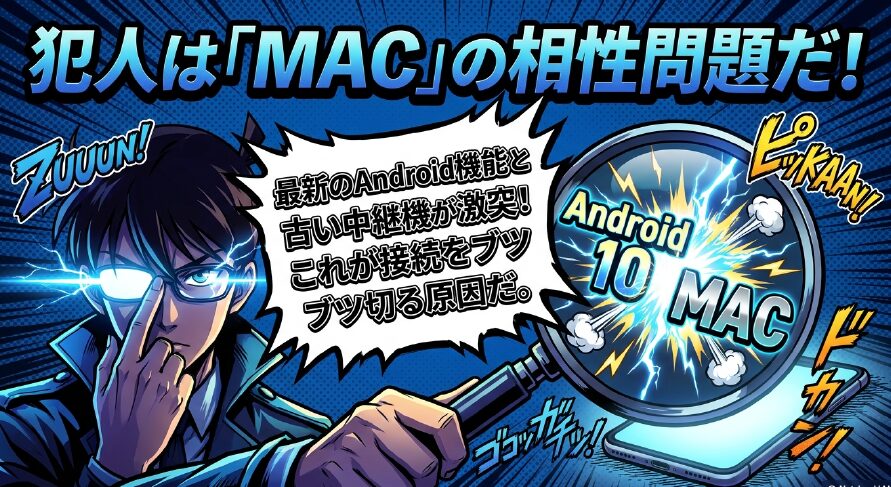 犯人はMACの相性問題であり、最新のAndroid機能と古い中継機が激突して接続がブツブツ切れる原因であることを説明したスライド