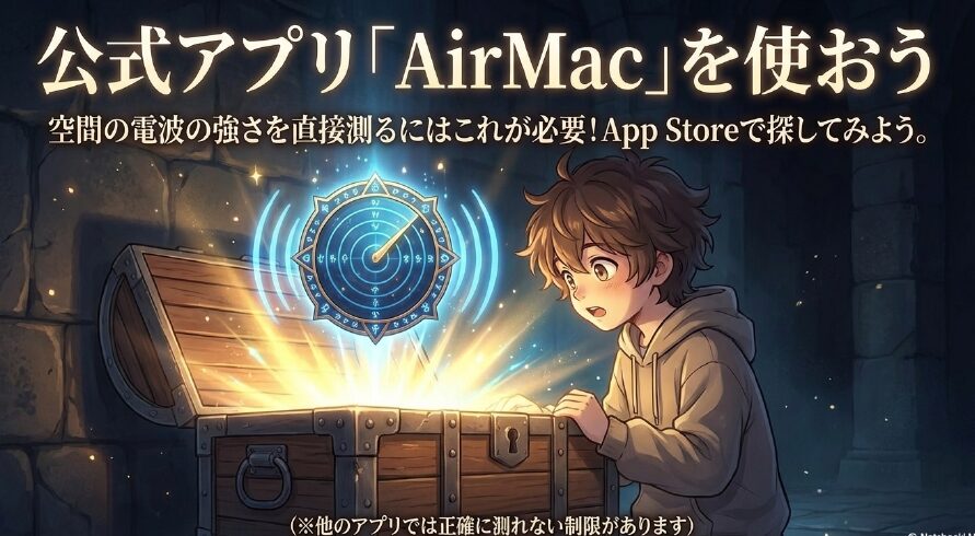 空間の電波の強さを直接測るために公式アプリ「AirMac」を使おうと提案するスライド
