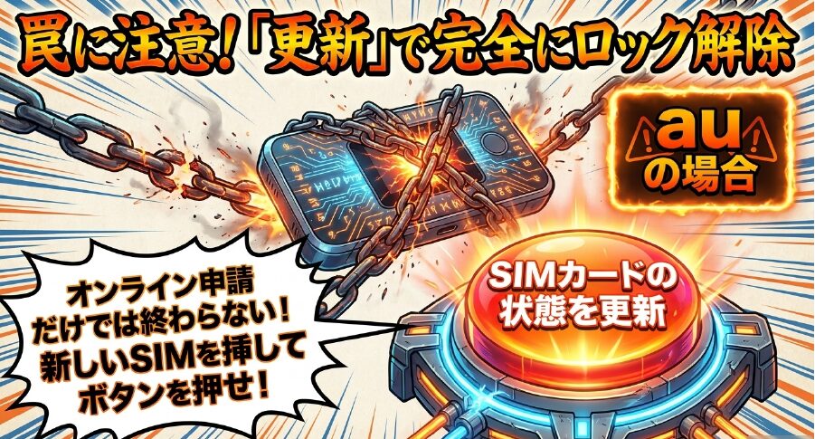 罠に注意！オンライン申請だけでは終わらない！auの場合は新しいSIMを挿して「SIMカードの状態を更新」ボタンを押す必要があるという解説