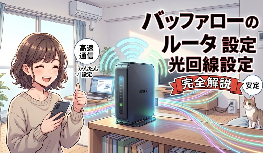 アニメ調で描かれたバッファローのWi-Fiルーターと光回線の設定を解説するアイキャッチ画像。笑顔の日本人女性と、ルーターから広がる高速な電波と光のラインが描かれている。日本語のタイトル「バッファロールーター光回線設定」と「完全解説」が含まれている。