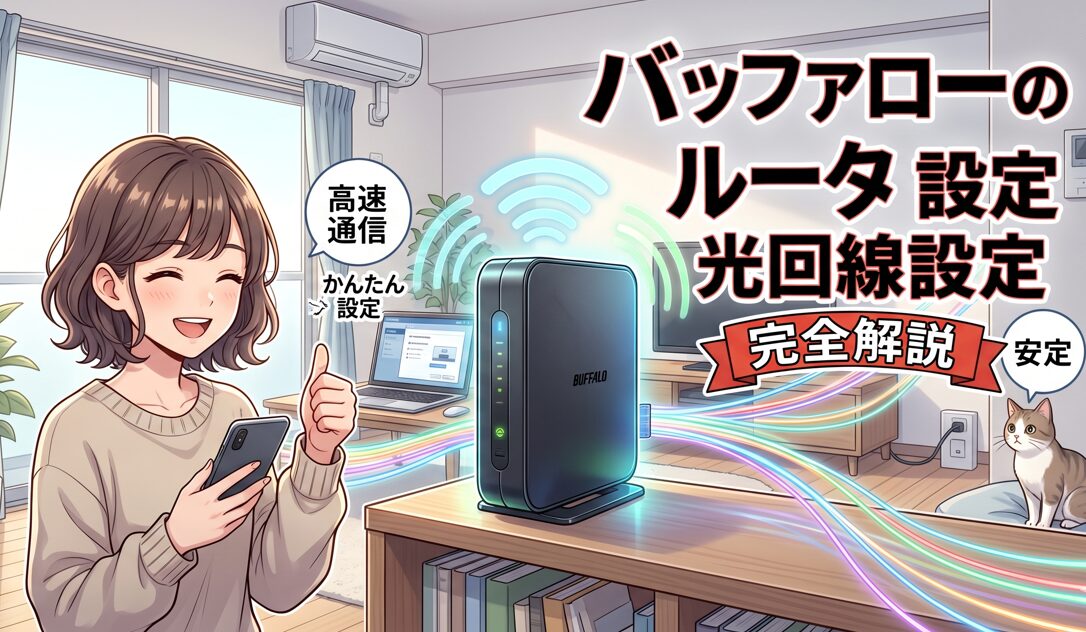 アニメ調で描かれたバッファローのWi-Fiルーターと光回線の設定を解説するアイキャッチ画像。笑顔の日本人女性と、ルーターから広がる高速な電波と光のラインが描かれている。日本語のタイトル「バッファロールーター光回線設定」と「完全解説」が含まれている。