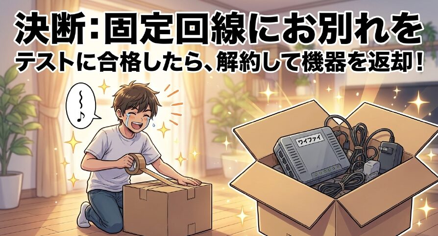 テストに合格したら固定回線を解約して機器を返却するという決断の解説スライド