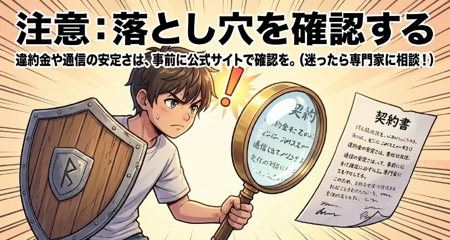 解約前の違約金や通信の安定性など、落とし穴を事前に公式サイトで確認するよう促す注意喚起スライド