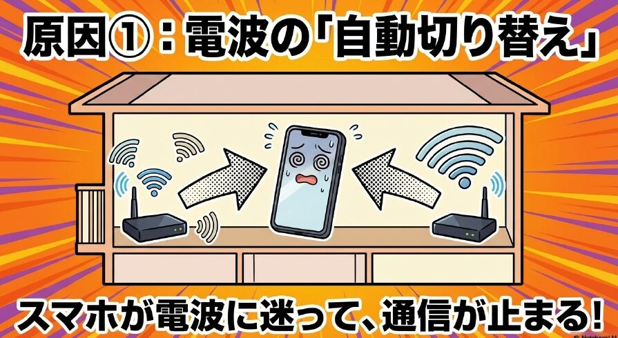 原因①：電波の「自動切り替え」。スマホが電波に迷って、通信が止まる！