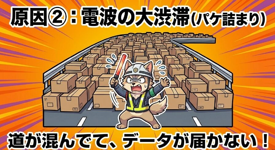 原因②：電波の大渋滞（パケ詰まり）。道が混んでて、データが届かない！