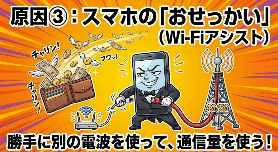原因③：スマホの「おせっかい」（Wi-Fiアシスト）。勝手に別の電波を使って、通信量を使う！