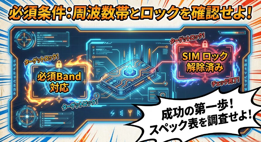 必須条件：周波数帯とSIMロックを確認せよ！必須Band対応とSIMロック解除済みのチェックマーク