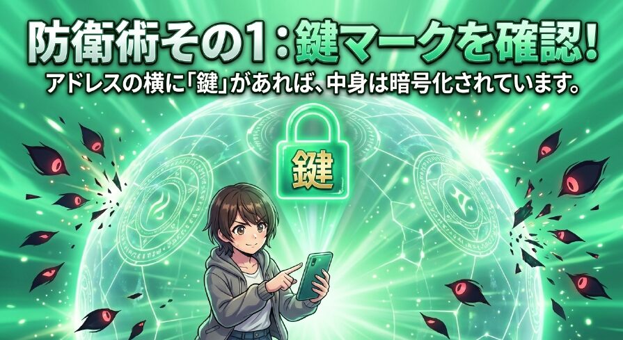 アドレスの横の鍵マークを確認し、通信の中身が暗号化されているかチェックする防衛術