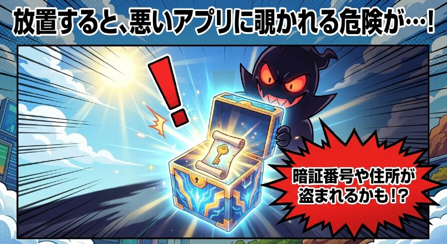 コピー情報を放置すると、悪いアプリに覗かれて暗証番号や住所が盗まれる危険性を伝える警告