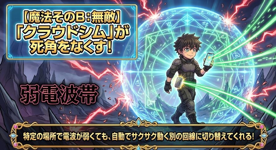 魔法そのB、無敵。クラウドシムが弱電波帯の死角をなくし、特定の場所で電波が弱くても自動でサクサク動く別の回線に切り替える 。