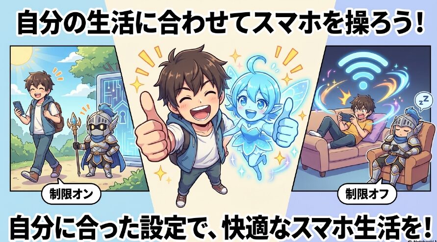 自分の生活に合わせて制限のオンオフを切り替え、快適なスマホ生活を送るイメージ