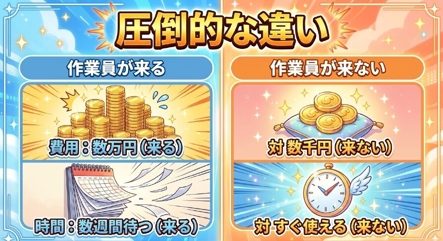 作業員が来る派遣工事と来ない無派遣工事の費用（数万円対数千円）と時間（数週間待つ対すぐ使える）の違いを比較したスライド