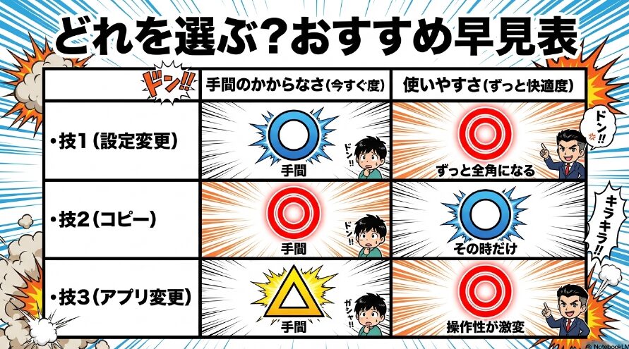 どれを選ぶ?おすすめ早見表。技1(設定変更)、技2(コピー)、技3(アプリ変更)の手間と使いやすさを比較した表。