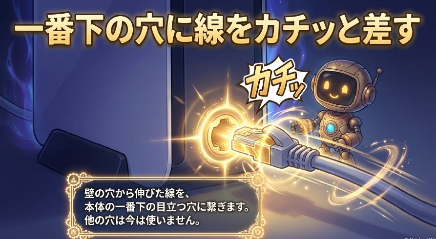 壁の穴から伸びた線を本体の一番下の目立つ穴にカチッと差す手順のイラスト