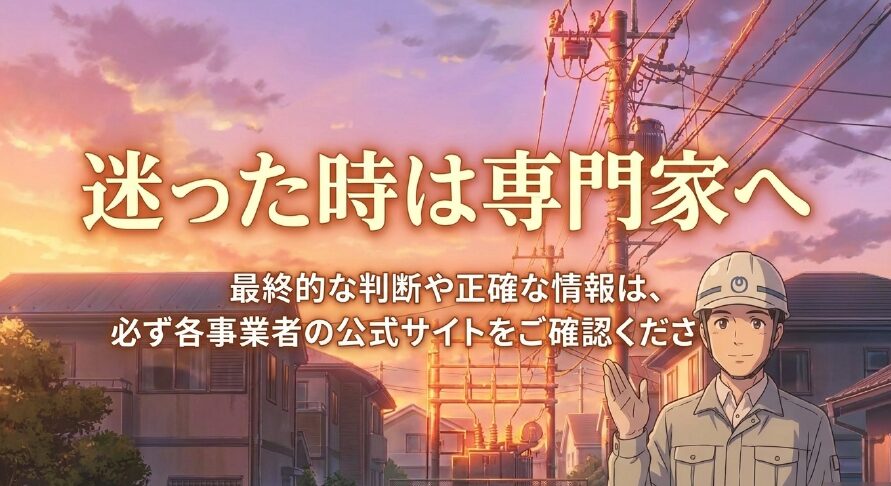 最終的な判断や正確な情報は各事業者の公式サイトを確認し、迷った時は専門家へ相談するよう案内するスライド