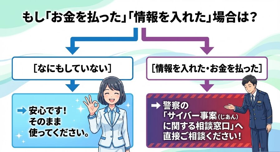 もしお金を払ったり情報を入れた場合は、警察の「サイバー事案に関する相談窓口」へ直接相談するよう案内するフローチャート 。