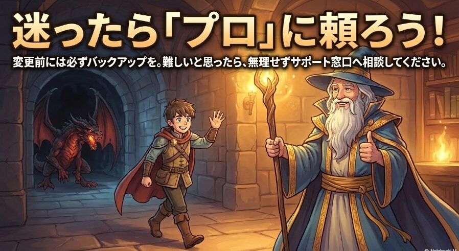 迷ったらプロに頼ろう。変更前にはバックアップを取り、難しい場合は無理せずサポート窓口へ相談するよう勧めるスライド