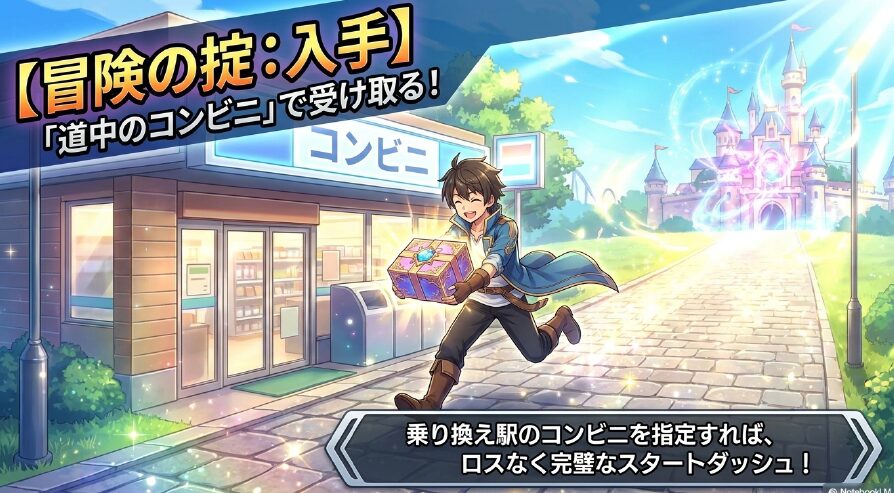 冒険の掟、入手。乗り換え駅など道中のコンビニ受け取りを指定すれば、ロスなく完璧なスタートダッシュが可能 。