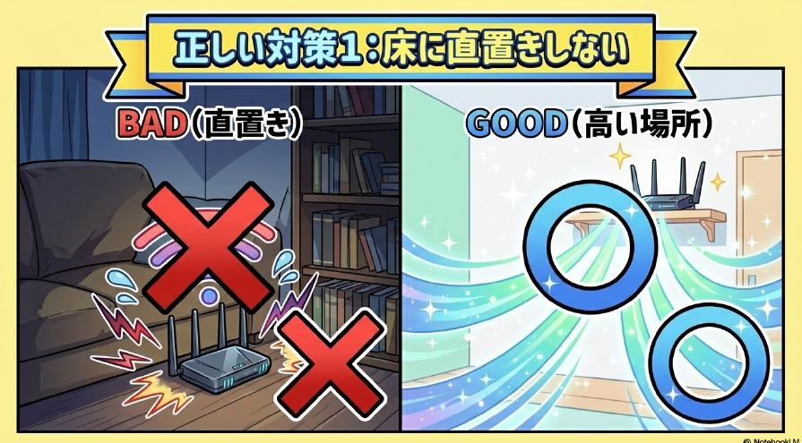 ルーターの床への直置きは避け、高い場所に置くのが正しい対策であることを示すイラスト