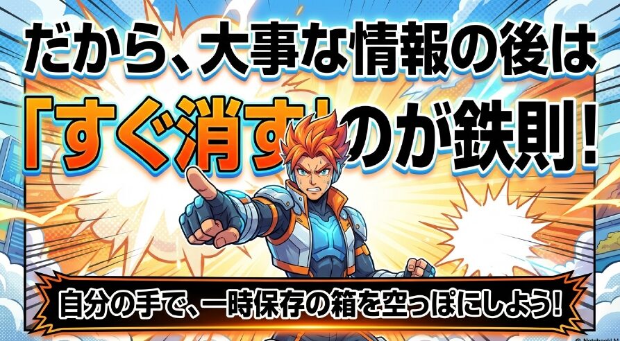 大事な情報をコピーした後はすぐ消すのが鉄則であり、自分の手で一時保存の箱を空にするよう促すメッセージ