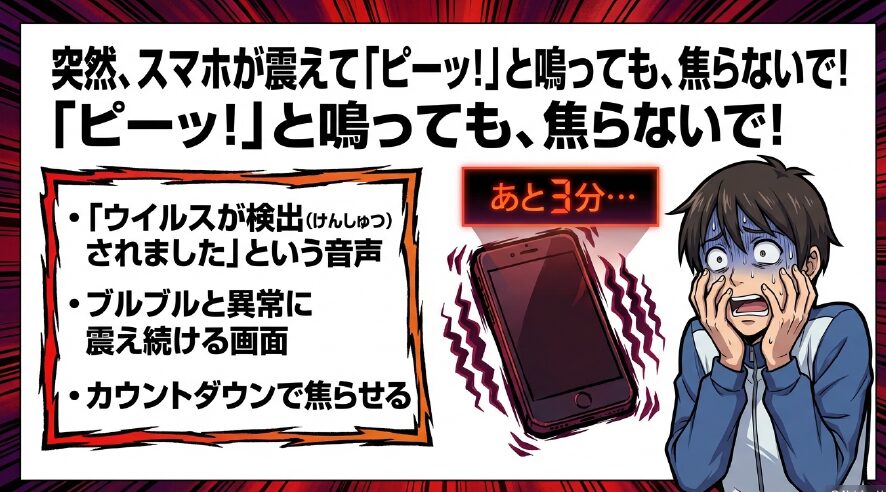 スマホからウイルス検出の音声や警告音が鳴り、画面が震えてパニックになる男性のイラストと、「突然、スマホが震えて『ピーッ!』と鳴っても、焦らないで!」というメッセージ 。