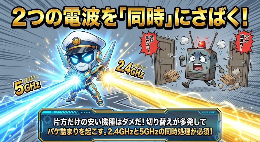 2つの電波を同時にさばく必要があり、片方だけの安い機種は切り替えが多発してパケ詰まりを起こすため、2.4GHzと5GHzの同時処理が必須であることを示す図解