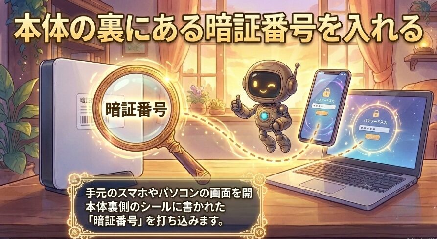 スマホの画面を開き、本体裏側のシールに書かれた暗証番号を入力する手順のイラスト