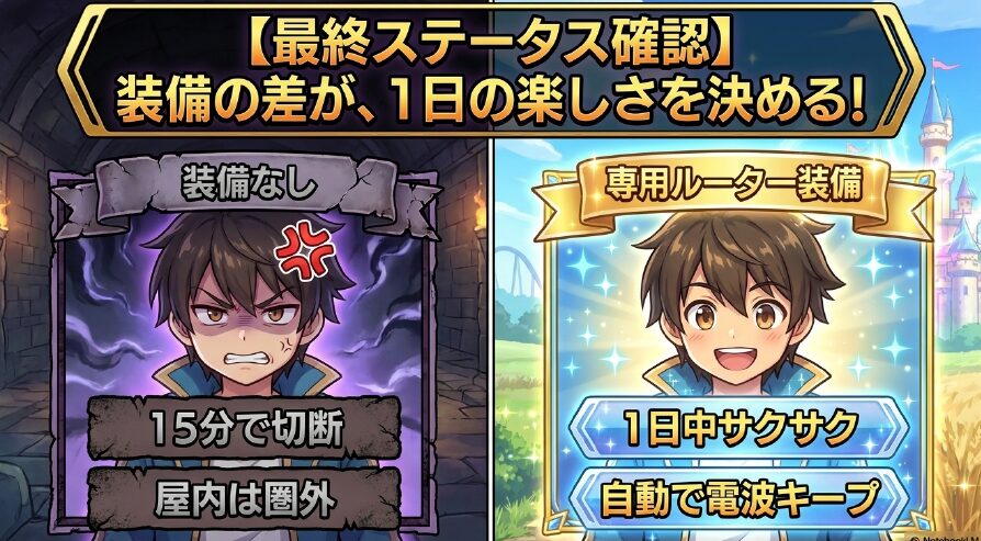 最終ステータス確認。15分で切断され屋内は圏外になる装備なしの状態と、自動で電波キープし1日中サクサクの専用ルーター装備状態の比較 。