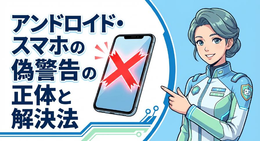 「アンドロイド・スマホの 偽警告の正体と 解決法 」というタイトルテキストと、画面に赤いバツ印がついたスマートフォンのイラスト、解決手順を案内する女性キャラクターが描かれたアイキャッチ画像。
