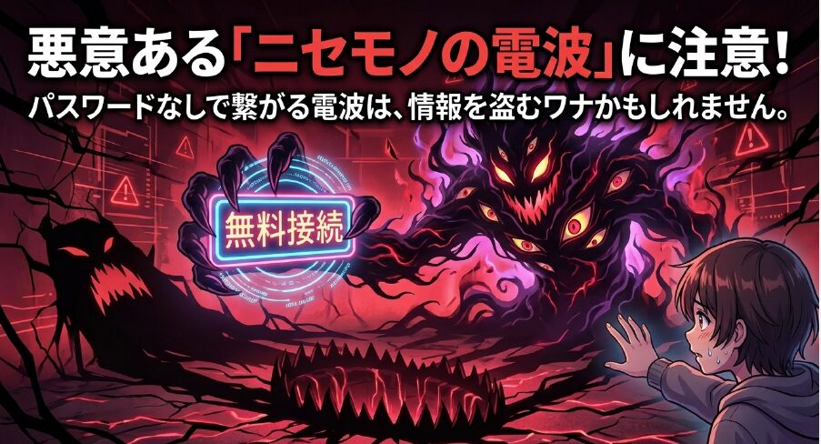 悪意あるニセモノの電波に注意を促し、パスワードなしで繋がる電波は情報を盗むワナかもしれないという警告