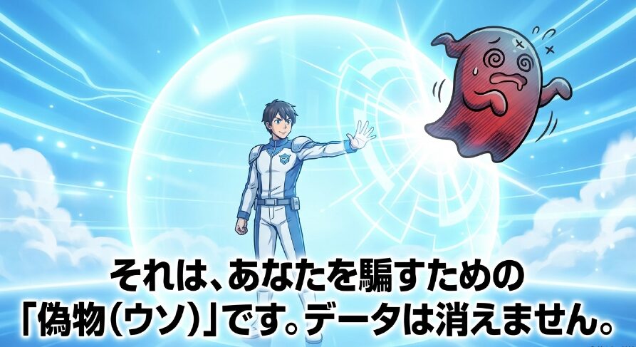 「それは、あなたを騙すための『偽物(ウソ)』です。データは消えません。」と解説するテキストスライド 。