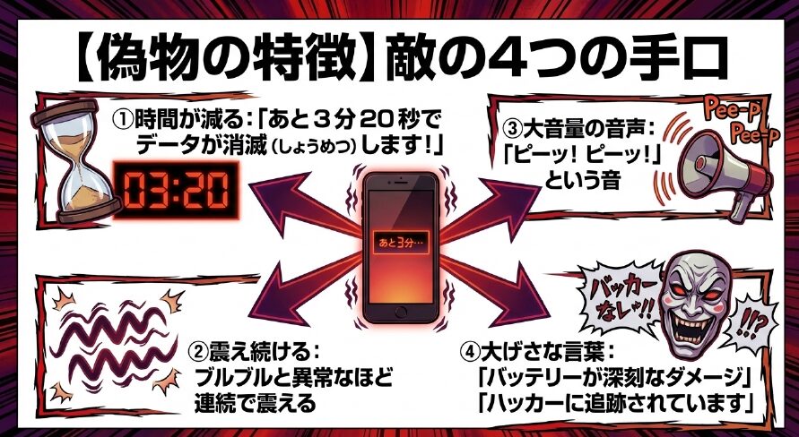 偽物の特徴である「時間が減る」「震え続ける」「大音量の音声」「大げさな言葉」という敵の4つの手口を解説した図解 。